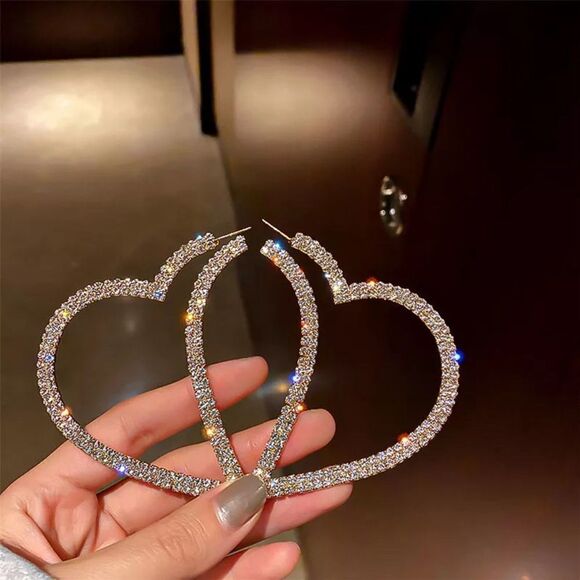 💎279💎 Big Heart Crystal Hoop Earrings Women's Geometric Rhinestone Earrings - Picture 7 of 16